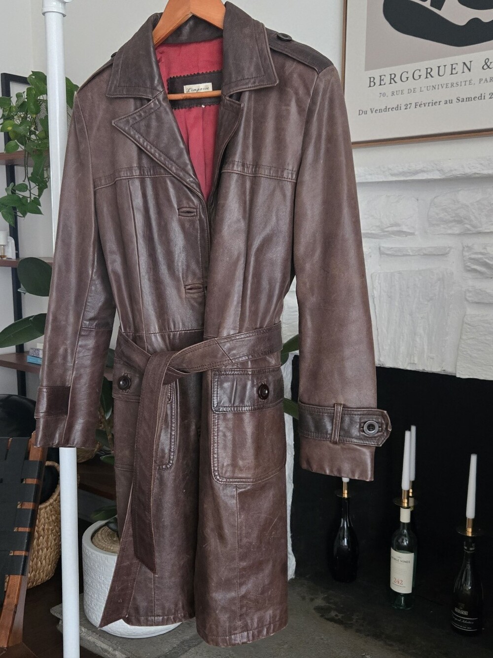 Vintage L'impasse 100% Leather  Belted, 3/4 Length Coat